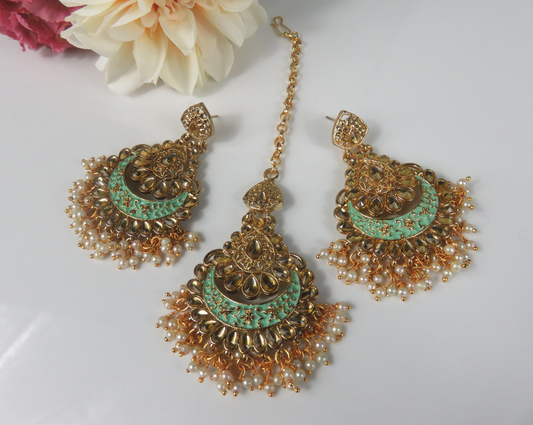 Light Green and Gold Traditional Style Mang Tikka Earring