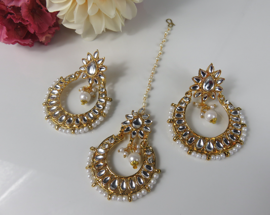 Gold and Pearl Tikka Earrings Round