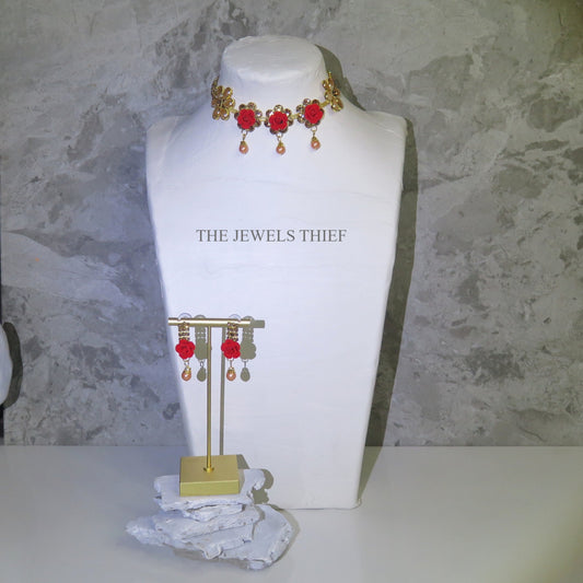 Red Rose Choker Necklace and Earring Set